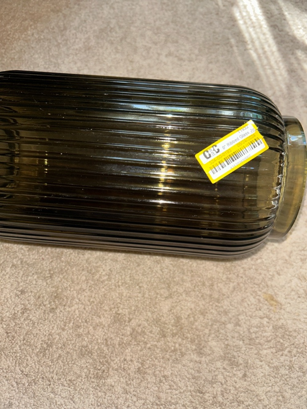 Hearth & Hand 9” Olive Ribbed Glass Cylinder Vase. This is the smaller one - Picture 7 of 8
